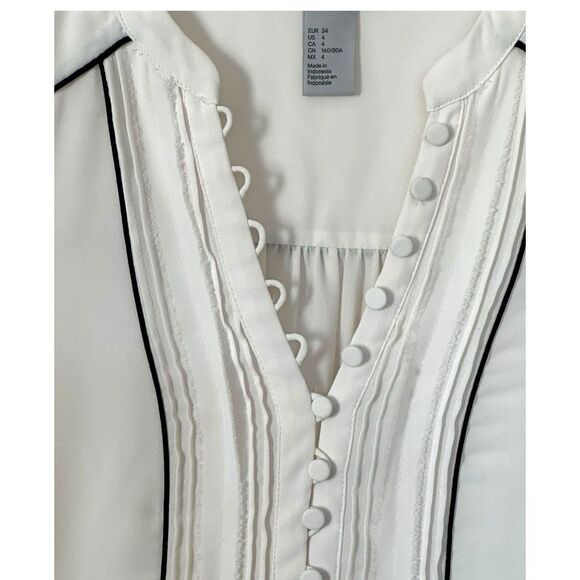 H&M Semi Sheer White Chiffon Popover Top 3/4 Sleeve Size 4 Black Trim Minimalist - Picture 7 of 8